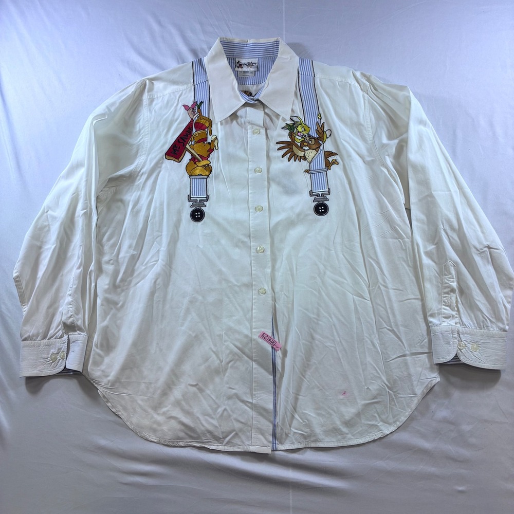 Walt Disney World‎ Winnie the Pooh Suspender Embroidery Shirt White XL Vintage